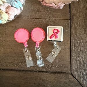 Pink Retractable Badge Reels with Breast Cancer Ribbon